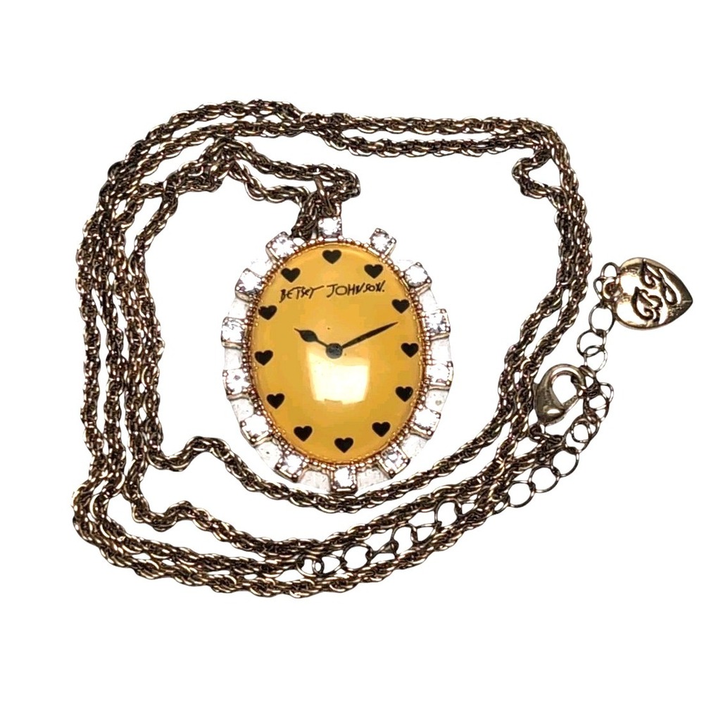 Vtg Betsey‎ Johnson Faux Watch Pendant Necklace Crystal Oval Face 34" Time Flies